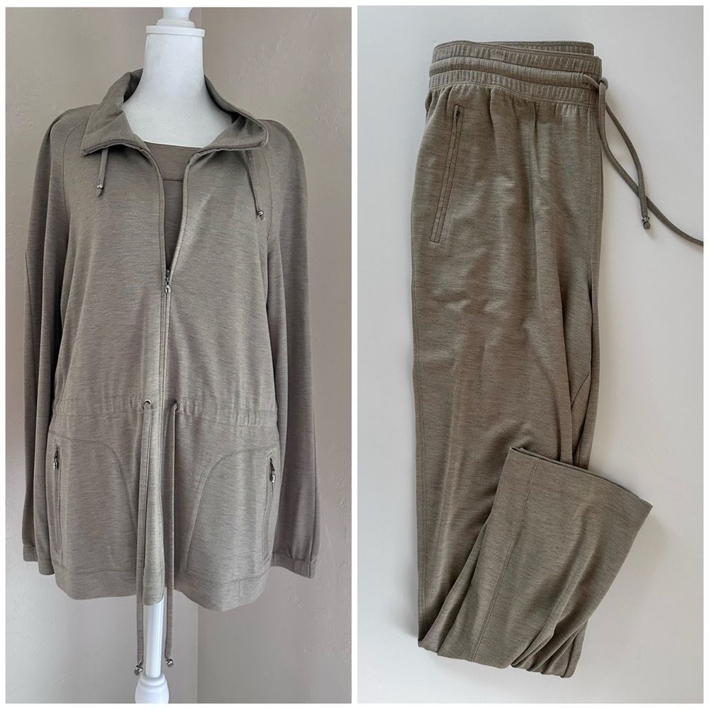 St. John Sport Lounge Jacket Pant Tank Set Taupe Melange Tan/Gray Size M